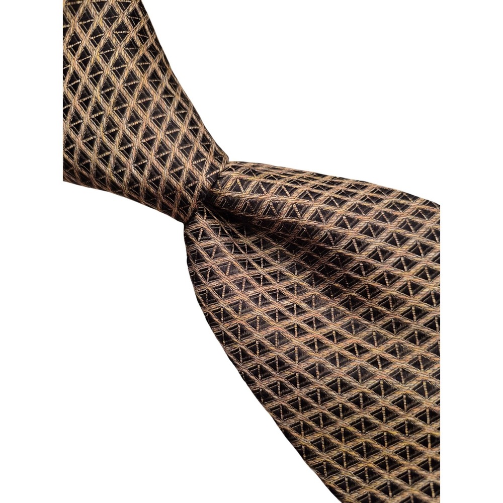 Canali Mens Silk Tie Gold Black Geometric Diamond Weave Pattern‎ Made in Italy